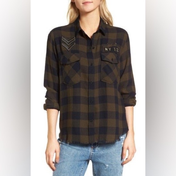 Rails sz M Tencel Linen Checkered Patched Army Distressed Button Down Flannel - Picture 1 of 14